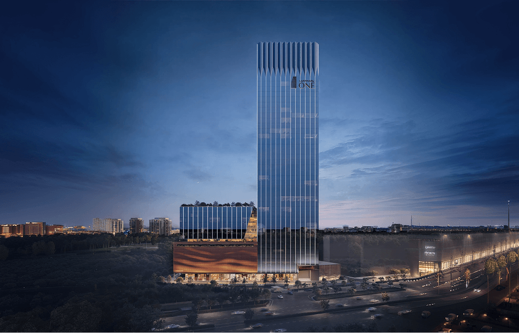 Landmark One at dusk above the surrounding city