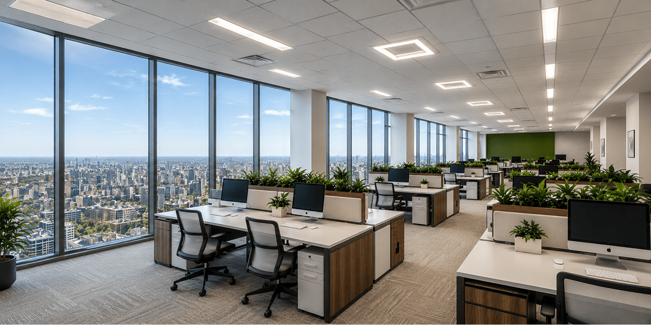 Open-plan office floor with panoramic city views